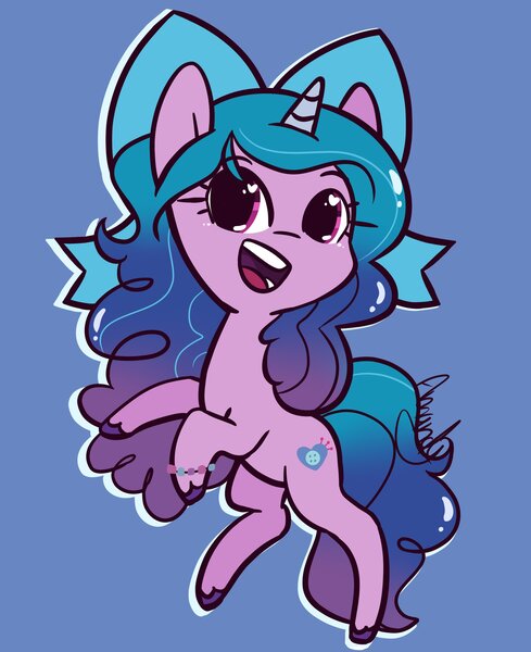 Size: 1996x2451 | Tagged: safe, artist:lilliesinthegarden, derpibooru import, izzy moonbow, pony, unicorn, bipedal, blue background, bow, bracelet, cute, female, g5, happy, heart eyes, image, izzybetes, jewelry, jpeg, open mouth, open smile, simple background, smiling, solo, standing, standing on one leg, unshorn fetlocks, wingding eyes