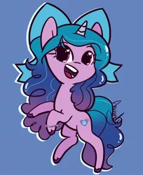 Size: 1996x2451 | Tagged: safe, artist:lilliesinthegarden, derpibooru import, izzy moonbow, pony, unicorn, bipedal, blue background, bow, bracelet, cute, female, g5, happy, heart eyes, image, izzybetes, jewelry, jpeg, open mouth, open smile, simple background, smiling, solo, standing, standing on one leg, unshorn fetlocks, wingding eyes