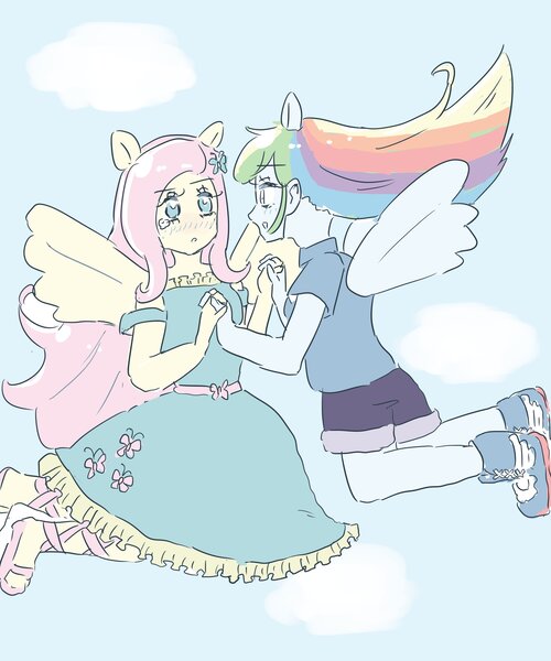 Size: 2508x3009 | Tagged: safe, artist:nemucure, derpibooru import, fluttershy, rainbow dash, equestria girls, blue background, clothes, cloud, duo, duo female, female, flutterdash, image, jpeg, lesbian, looking at each other, looking at someone, shipping, simple background, wings