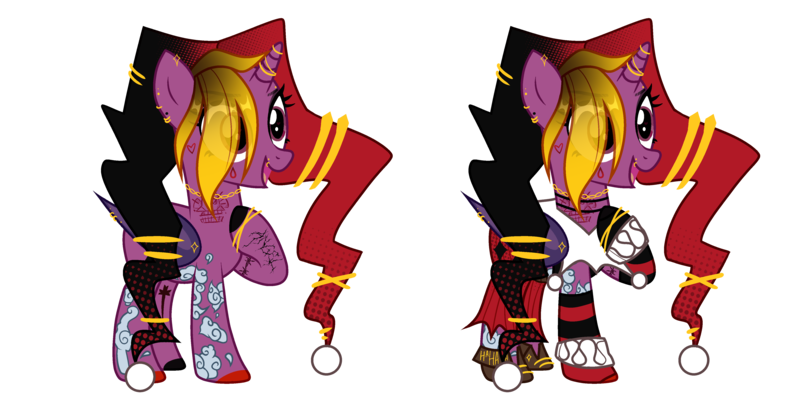 Size: 4561x2262 | Tagged: safe, artist:idkhesoff, derpibooru import, oc, unofficial characters only, alicorn, bat pony, bat pony alicorn, pony, alicorn oc, arcane, bat pony oc, bat wings, boots, choker, clothes, corset, dc comics, ear piercing, earring, eyebrow piercing, eyeshadow, fangs, female, fingerless gloves, fusion, gloves, harley quinn, hat, horn, horn ring, image, jester hat, jewelry, jinx (league of legends), league of legends, lip piercing, makeup, mare, necklace, open mouth, pants, piercing, png, raised hoof, ring, ripped pants, shoes, simple background, solo, tattoo, torn clothes, transparent background, wing piercing, wings