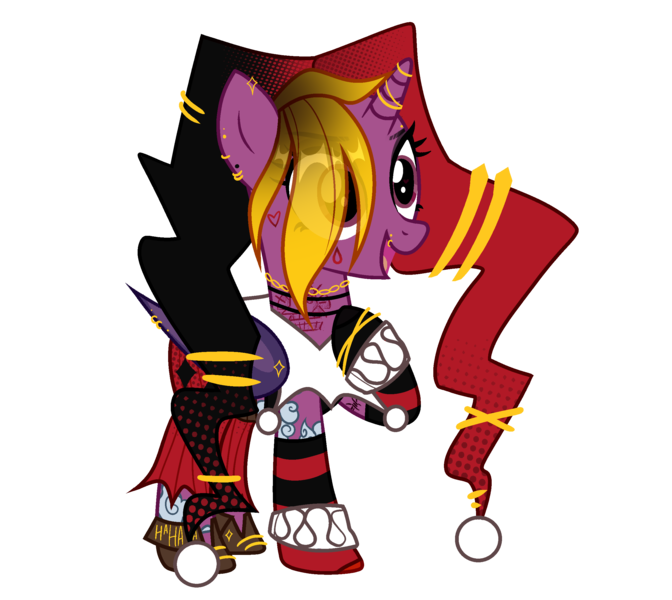 Size: 2534x2262 | Tagged: safe, artist:idkhesoff, derpibooru import, oc, unofficial characters only, alicorn, bat pony, bat pony alicorn, pony, alicorn oc, arcane, bat pony oc, bat wings, boots, choker, clothes, corset, dc comics, derpibooru exclusive, ear piercing, earring, eyebrow piercing, eyeshadow, fangs, female, fingerless gloves, fusion, gloves, harley quinn, hat, horn, horn ring, image, jester hat, jewelry, jinx (league of legends), league of legends, lip piercing, makeup, mare, necklace, open mouth, pants, piercing, png, raised hoof, ring, ripped pants, shoes, simple background, solo, tattoo, torn clothes, transparent background, wing piercing, wings