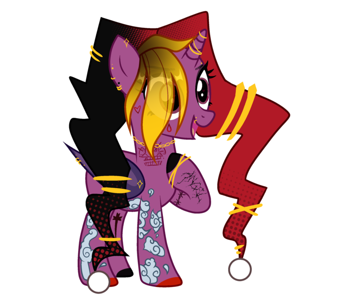 Size: 2534x2262 | Tagged: safe, artist:idkhesoff, derpibooru import, oc, unofficial characters only, alicorn, bat pony, bat pony alicorn, pony, alicorn oc, arcane, bat pony oc, bat wings, dc comics, derpibooru exclusive, ear piercing, earring, eyebrow piercing, eyeshadow, fangs, female, fusion, harley quinn, hat, horn, horn ring, image, jester hat, jewelry, jinx (league of legends), league of legends, lip piercing, makeup, mare, necklace, open mouth, piercing, png, raised hoof, ring, simple background, solo, tattoo, transparent background, wing piercing, wings