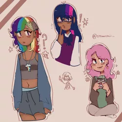 Size: 3600x3600 | Tagged: safe, artist:thebiggestkid, derpibooru import, fluttershy, rainbow dash, twilight sparkle, human, alternate hairstyle, bowtie, bracelet, clothes, coffee, dark skin, ear piercing, earring, exclamation point, glasses, humanized, image, jewelry, mug, necklace, piercing, png, question mark, ring, shirt, shorts, socks, sweater, tanktop, trio, vest