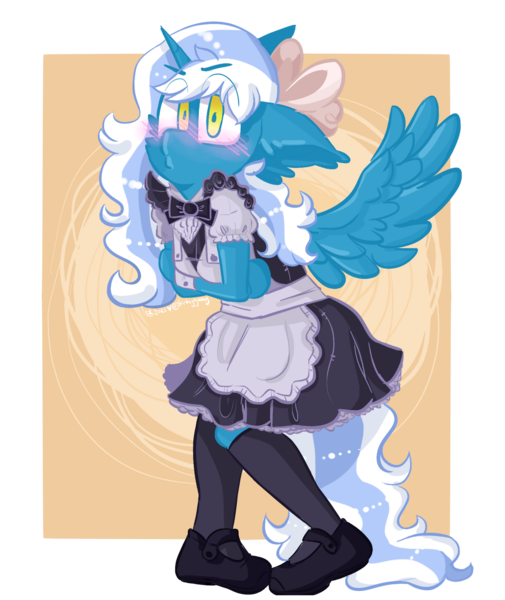 Size: 1280x1520 | Tagged: safe, artist:stinkygooby, derpibooru import, oc, oc:fleurbelle, alicorn, anthro, pony, alicorn oc, apron, blushing, bow, clothes, female, hair bow, horn, image, maid, mare, png, shoes, tights, wings, yellow eyes