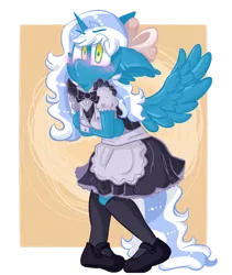 Size: 1280x1520 | Tagged: safe, artist:stinkygooby, derpibooru import, oc, oc:fleurbelle, alicorn, anthro, pony, alicorn oc, apron, blushing, bow, clothes, female, hair bow, horn, image, maid, mare, png, shoes, tights, wings, yellow eyes