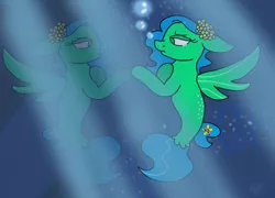 Size: 1280x924 | Tagged: safe, artist:snoopy7c7, derpibooru import, oc, unofficial characters only, seapony (g4), blue mane, bubble, crepuscular rays, dorsal fin, fish tail, flowing tail, green eyes, image, jpeg, ocean, reflection, sad, solo, spread wings, sunlight, tail, teary eyes, underwater, water, wings