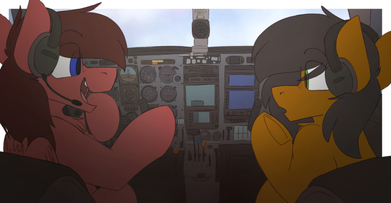 Size: 4414x2290 | Tagged: safe, artist:kirbirb, derpibooru import, oc, oc:chance, oc:notetaker, unofficial characters only, earth pony, pegasus, cockpit, couple, headset, image, interior, panel, plane, png