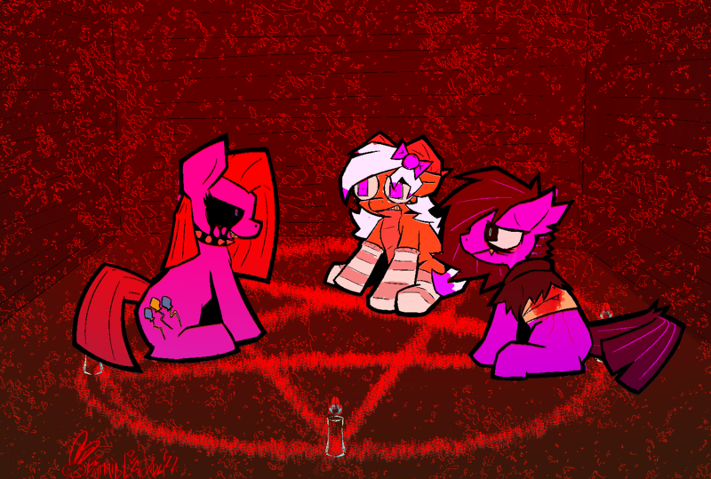 Size: 1485x1000 | Tagged: semi-grimdark, artist:bunnielovesyou, derpibooru import, pinkie pie, oc, bat pony, earth pony, pony, bandage, black blood, bleeding eyes, blood, choker, clothes, fangs, female, horns, image, pentagram, pinkamena diane pie, png, sharp teeth, sitting, socks, spiked choker, teeth, trio