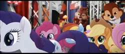 Size: 1918x830 | Tagged: safe, derpibooru import, screencap, applejack, fluttershy, pinkie pie, rainbow dash, twilight sparkle, chipmunk, earth pony, human, pegasus, pony, unicorn, cgi, chip and dale rescue rangers, chip n dale, crossover, disney, disney+, female, g4, image, irl, irl human, live action, male, mare, movie trailer, photo, png, pony reference, spoiler, teaser