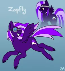 Size: 810x882 | Tagged: safe, artist:greenarsonist, derpibooru import, oc, oc:zapfly, unofficial characters only, pegasus, pony, female, filly, flying, foal, goggles, image, pegasus oc, png, redraw, smiling, spread wings, unshorn fetlocks, wings