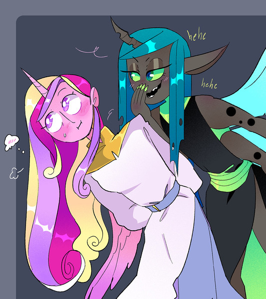 Size: 1234x1389 | Tagged: safe, artist:stevetwisp, derpibooru import, princess cadance, queen chrysalis, human, blushing, cadalis, colored, cute, female, humanized, image, infidelity, jpeg, laughing, lesbian, shipping, simple background