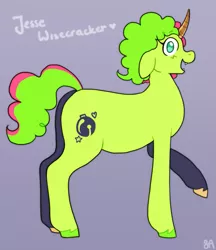 Size: 811x939 | Tagged: safe, artist:greenarsonist, derpibooru import, oc, oc:jesse wisecracker, unofficial characters only, pony, unicorn, chubby, horn, image, nonbinary, png, prosthetic horn, prosthetics, solo, tail, teeth, two toned mane, two toned tail, unicorn oc, unshorn fetlocks