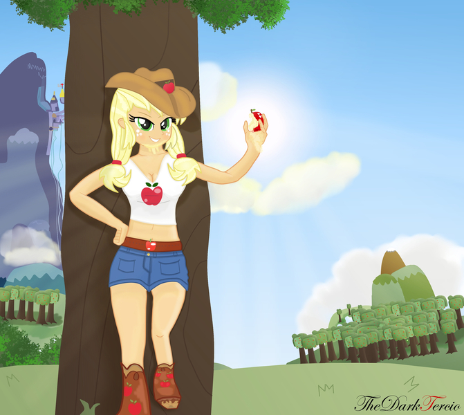 Size: 1920x1718 | Tagged: suggestive, artist:thedarktercio, derpibooru import, applejack, human, equestria girls, apple, applejack's hat, beautiful, boots, breasts, busty applejack, cleavage, clothes, cowboy hat, female, food, green eyes, grin, hand on hip, hat, humanized, image, jpeg, looking at you, sexy, shoes, signature, smiling, smiling at you, solo, solo female