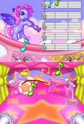 Size: 800x1176 | Tagged: safe, derpibooru import, starsong, bipedal, drums, flute, g3, game, image, jpeg, keyboard, microphone, microphone stand, music notes, musical instrument, nintendo ds, pinkie pie's party, sheet music, sparkles, spread wings, stars, wings, youtube link