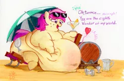 Size: 5870x3851 | Tagged: suggestive, artist:white-eyed vireo, derpibooru import, oc, oc:sunny colada, unofficial characters only, earth pony, pony, beach, beach chair, belly, belly bed, belly button, big belly, bingo wings, bloated, chubby cheeks, derpibooru exclusive, dialogue, drawing, fat, fat fetish, female, fetish, freckles, furniture abuse, huge belly, image, immobile, impossibly large belly, jpeg, large butt, mare, morbidly obese, neck roll, obese, rolls of fat, solo, stomach noise, stretched cutie mark, stuffed, stuffed belly, traditional art, weight gain