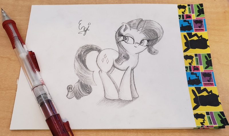 Size: 3666x2186 | Tagged: safe, artist:engi, derpibooru import, rarity, pony, unicorn, beautiful, cute, image, jpeg, looking at you, pencil drawing, photo, raribetes, simple background, traditional art