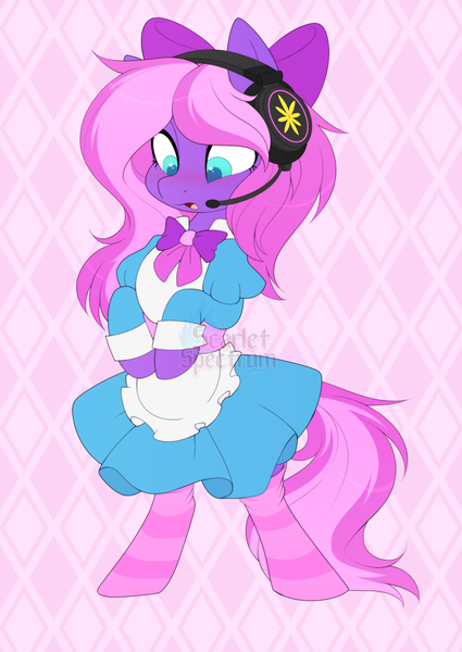 Size: 1010x1427 | Tagged: safe, artist:scarlet-spectrum, derpibooru import, oc, oc:lillybit, unofficial characters only, earth pony, pony, adorkable, bipedal, bow, clothes, commission, cute, dork, dress, female, gaming headset, headphones, headset, image, maid, no eyelashes, png, ribbon, socks, solo, striped socks, your character here