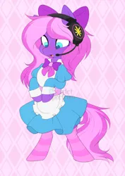 Size: 1010x1427 | Tagged: safe, artist:scarlet-spectrum, derpibooru import, oc, oc:lillybit, unofficial characters only, earth pony, pony, adorkable, bipedal, bow, clothes, commission, cute, dork, dress, female, gaming headset, headphones, headset, image, maid, no eyelashes, png, ribbon, socks, solo, striped socks, your character here