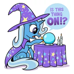Size: 1950x1950 | Tagged: safe, artist:mellodillo, derpibooru import, trixie, pony, unicorn, candle, crystal ball, dialogue, female, g4, image, mare, png, poking, sitting, solo, speech bubble, table