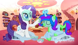 Size: 2368x1372 | Tagged: safe, artist:hugsartist, derpibooru import, rarity, oc, oc:diamond light, dracony, hybrid, pony, base used, duo, female, golden oaks library, image, interspecies offspring, library, mare, mother and child, mother and daughter, mud mask, offspring, parent:rarity, parent:spike, parents:sparity, png