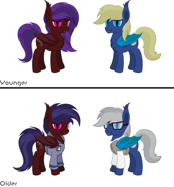 Size: 3956x4243 | Tagged: safe, artist:tikibat, derpibooru import, oc, oc:scarlet eclipse, oc:scarlet moon, oc:silver eclipse, unofficial characters only, bat pony, pony, fanfic:do ponies on earth have magic dreams?, fanfic:pandemic, age progression, badge, bat pony oc, bat wings, clothes, derpibooru exclusive, ear fluff, eyeshadow, fanfic art, fangs, female, id badge, image, makeup, male, mare, membranous wings, older, png, simple background, slit pupils, socks, stallion, transparent background, wings, younger