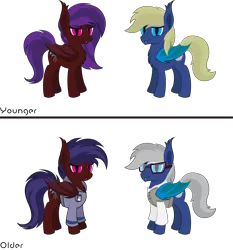 Size: 3956x4243 | Tagged: safe, artist:tikibat, derpibooru import, oc, oc:scarlet eclipse, oc:scarlet moon, oc:silver eclipse, unofficial characters only, bat pony, pony, fanfic:do ponies on earth have magic dreams?, fanfic:pandemic, age progression, badge, bat pony oc, bat wings, clothes, derpibooru exclusive, ear fluff, eyeshadow, fanfic art, fangs, female, id badge, image, makeup, male, mare, membranous wings, older, png, simple background, slit pupils, socks, stallion, transparent background, wings, younger