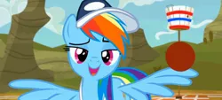 Size: 2400x1080 | Tagged: safe, derpibooru import, screencap, rainbow dash, pegasus, pony, common ground, season 9, spoiler:s09, bronybait, buckball, coach rainbow dash, coaching cap, female, image, jpeg, lidded eyes, looking at camera, mare, offscreen character, open mouth, open smile, rainbow dashs coaching whistle, smiling, solo, spread wings, whistle, whistle necklace, wing hands, wings