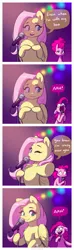 Size: 1217x4096 | Tagged: safe, artist:katputze, derpibooru import, fluttershy, pinkie pie, earth pony, pegasus, pony, bipedal, comic, dialogue, dilemma, duet, eyes closed, image, jpeg, looking at you, lyrics, microphone, one eye closed, pointing, pointing at you, singing, speech bubble, text, wide eyes, wink, winking at you