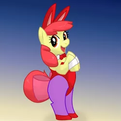 Size: 400x400 | Tagged: safe, artist:kushina13, derpibooru import, apple bloom, earth pony, pony, rabbit, animal, bipedal, bunny suit, clothes, cute, female, filly, foal, happy, image, jpeg, playboy bunny, playboy bunny apple bloom, smiling, solo