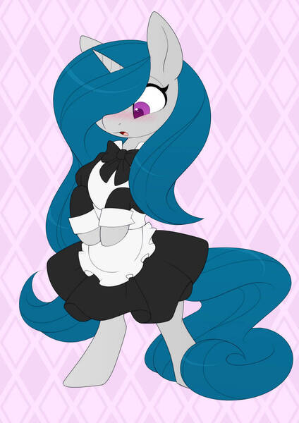 Size: 752x1063 | Tagged: safe, artist:scarlet-spectrum, derpibooru import, part of a set, oc, oc:pillow art, pony, unicorn, blushing, clothes, commission, cute, dress, female, horn, image, jpeg, long mane, long tail, maid, mare, solo, solo female, surprised, surprised face, tail, unicorn oc, ych result