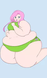 Size: 6025x9996 | Tagged: suggestive, artist:candyxxxholicxx, artist:quanle, color edit, derpibooru import, edit, fluttershy, human, absurd resolution, bbw, belly, belly grab, big belly, blue background, clothes, colored, cutie mark, cutie mark on clothes, fat, fattershy, female, green underwear, humanized, image, kneeling, obese, png, simple background, solo, ssbbw, underwear, wide hips