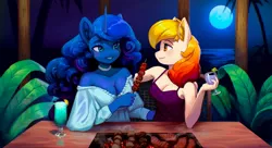 Size: 2048x1118 | Tagged: safe, artist:mrscroup, derpibooru import, oc, unofficial characters only, anthro, pegasus, unicorn, clothes, drink, duo, duo female, female, image, jpeg, moon