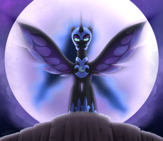 Size: 4620x4000 | Tagged: safe, artist:aarondrawsarts, derpibooru import, nightmare moon, alicorn, backlighting, commission, commissioner:reversalmushroom, female, image, looking at you, moon, png, smiling, smiling at you, smirk, solo, spread wings, wings