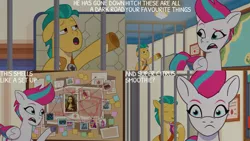 Size: 1280x720 | Tagged: safe, derpibooru import, edit, edited screencap, editor:quoterific, screencap, hitch trailblazer, posey (g5), sunny starscout, zipp storm, earth pony, pegasus, pony, my little pony: tell your tale, spoiler:g5, spoiler:my little pony: tell your tale, spoiler:tyts01e08, beret, drinking, eyes closed, female, foal me once, g5, hat, image, jpeg, male, mare, mona lisa, open mouth, roller skates, smiling, smoothie, stallion, sunglasses, text