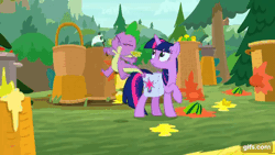 Size: 640x360 | Tagged: safe, derpibooru import, screencap, spike, twilight sparkle, twilight sparkle (alicorn), alicorn, dragon, pony, season 9, the point of no return, spoiler:s09, animated, bag, banana, duo, eyes closed, female, flying, food, gif, gifs.com, image, male, mare, open mouth, saddle bag, spread wings, tomato, winged spike, wings