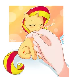 Size: 1600x1800 | Tagged: safe, artist:vanillafox2035, derpibooru import, sunset shimmer, human, pony, unicorn, biting, cute, eyes closed, hand, image, micro, nibbling, nom, png, shimmerbetes, tiny, tiny ponies, weapons-grade cute