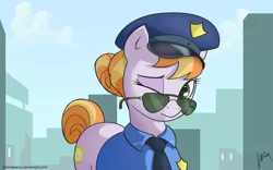 Size: 1754x1094 | Tagged: safe, artist:wonkysole, derpibooru import, copper top, earth pony, pony, the gift of the maud pie, clothes, female, glasses, image, mare, one eye closed, png, police officer, police pony, solo, sunglasses