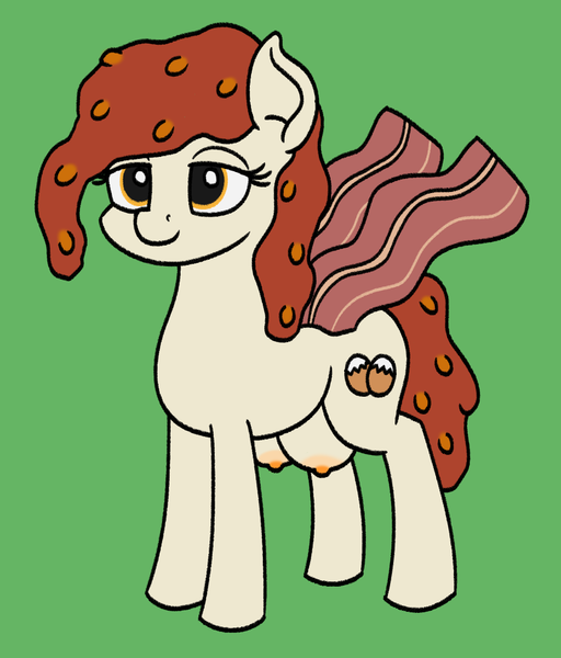 Size: 1020x1196 | Tagged: questionable, artist:mkogwheel, derpibooru import, oc, ponified, unofficial characters only, food pony, original species, pony, bacon, baked beans, beans, big crotchboobs, crotchboobs, female, food, green background, image, lidded eyes, mare, meat, nipples, nudity, png, simple background, solo, solo female