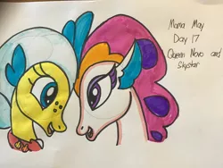 Size: 900x675 | Tagged: safe, artist:tigeressbird324, derpibooru import, princess skystar, queen novo, seapony (g4), my little pony: the movie, blue eyes, blue mane, colored pupils, female, freckles, image, jewelry, jpeg, looking at each other, looking at someone, mother and child, mother and daughter, necklace, open mouth, pearl necklace, purple eyes, seashell, simple background, singing, smiling, teeth, traditional art, white background