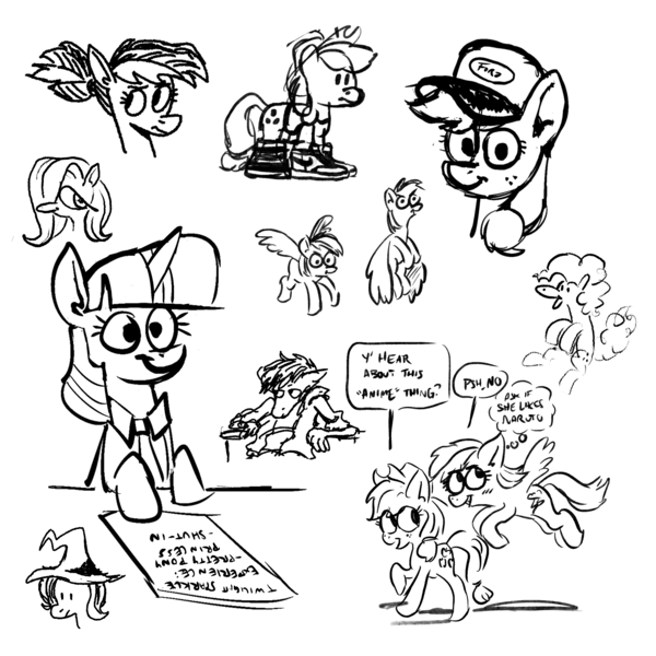 Size: 2048x2048 | Tagged: safe, artist:horsewizardart, derpibooru import, applejack, fluttershy, pinkie pie, rainbow dash, trixie, twilight sparkle, earth pony, pegasus, pony, unicorn, alternate hairstyle, black and white, bust, clothes, female, grayscale, hat, high res, image, mare, monochrome, png, ponytail, shoes, simple background, sketch, sketch dump, sneakers, speech bubble, thought bubble, trucker hat, unicorn twilight, white background
