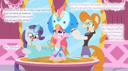 Size: 3000x1681 | Tagged: safe, artist:brogararts, derpibooru import, rarity, oc, oc:honeycrisp blossom, earth pony, pony, unicorn, carousel boutique, clothes, dialogue, dress, female, filly, foal, glasses, gritted teeth, image, jpeg, looking up, mare, offspring, parent:big macintosh, parent:princess cadance, parents:cadmac, rarity's glasses, teeth, trio, turban