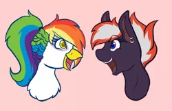 Size: 640x414 | Tagged: safe, artist:mscolorsplash, derpibooru import, oc, oc:bishop, oc:rainbow feather, unofficial characters only, gryphon, hippogriff, pony, bust, commission, duo, ear piercing, earring, female, griffon oc, image, interspecies offspring, jewelry, looking at each other, looking at someone, magical lesbian spawn, offspring, open mouth, open smile, parent:gilda, parent:rainbow dash, parents:gildash, piercing, pink background, png, simple background, smiling