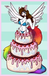 Size: 792x1224 | Tagged: suggestive, artist:mscolorsplash, derpibooru import, oc, oc:color splash, unofficial characters only, anthro, pegasus, pony, belly button, big breasts, bikini, birthday cake, breasts, busty oc, cake, cleavage, clothes, female, food, happy birthday, image, long tail, looking at you, mare, png, popping out of a cake, rainbow tail, smiling, smiling at you, solo, solo female, swimsuit, tail