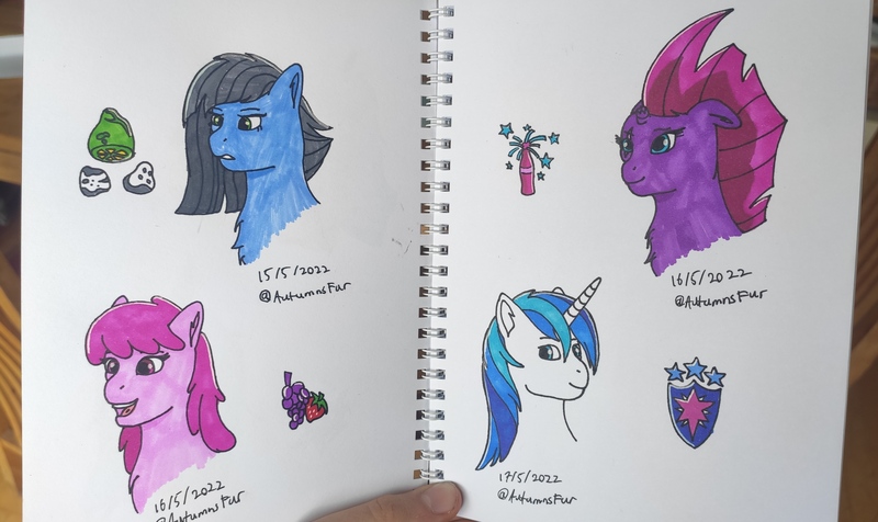 Size: 3781x2250 | Tagged: safe, artist:autumnsfur, artist:autumnsfurart, derpibooru import, berry punch, berryshine, fizzlepop berrytwist, limestone pie, shining armor, tempest shadow, earth pony, pony, unicorn, blue eyes, blue fur, blue hair, bust, cutie mark, g4, green eyes, grey hair, image, irl, jpeg, long mane, notebook, paper, photo, pink eyes, pink fur, pink hair, portrait, purple fur, sharpie, simple background, sketch, traditional art