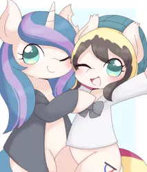 Size: 1217x1431 | Tagged: safe, artist:ginmaruxx, artist:kuzuyukuro, derpibooru import, oc, unofficial characters only, earth pony, pony, unicorn, blushing, clothes, cute, duo, duo female, eye clipping through hair, female, hat, horn, image, jacket, jpeg, looking at you, mare, ocbetes, one eye closed, open mouth, open smile, simple background, smiling, smiling at you, white background, wink, winking at you