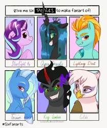 Size: 1715x2048 | Tagged: safe, artist:artharuhi, derpibooru import, gilda, king sombra, lightning dust, queen chrysalis, starlight glimmer, trixie, changeling, changeling queen, gryphon, pegasus, pony, unicorn, six fanarts, female, grin, image, jpeg, male, mare, smiling, stallion, unshorn fetlocks