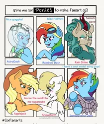 Size: 569x679 | Tagged: safe, artist:eva-dayz, derpibooru import, applejack, rain shine, rainbow dash, oc, oc:snowstorm, cyborg, earth pony, kirin, pegasus, pony, six fanarts, alternate timeline, amputee, apocalypse dash, artificial wings, astrodash, astronaut, augmented, blushing, caption, clothes, costume, crystal war timeline, female, flirting, g4, helmet, hoof hold, image, jewelry, lesbian, meme, meme template, metal wing, necklace, png, prosthetic limb, prosthetic wing, prosthetics, scar, sombraverse, text, wings