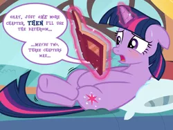Size: 8000x6000 | Tagged: suggestive, artist:ithinkitsdivine, derpibooru import, twilight sparkle, pony, unicorn, absurd resolution, bed, blushing, book, covering, covering crotch, crossed legs, desperation, dialogue, female, fetish, golden oaks library, image, library, magic, need to pee, omorashi, pillow, png, potty dance, potty emergency, potty time, reading, show accurate, sitting, solo, solo female, squirming, sweat, that pony sure does love books, unicorn twilight