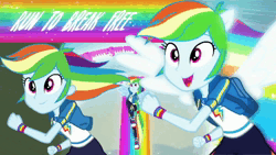 Size: 1920x1080 | Tagged: safe, derpibooru import, edit, edited screencap, editor:itsmgh1203, screencap, rainbow dash, equestria girls, equestria girls series, run to break free, spoiler:eqg series (season 2), absurd file size, animated, backpack, clothes, cutie mark, cutie mark on clothes, female, geode of super speed, hoodie, image, jewelry, magical geodes, necklace, open mouth, open smile, ponied up, rainbow, rainbow trail, shoes, singing, smiling, sneakers, solo, sound, sound only, spread wings, webm, wings
