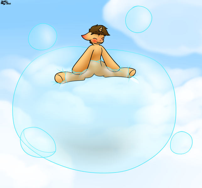 Size: 2136x1992 | Tagged: questionable, artist:the-furry-railfan, derpibooru import, oc, oc:bobby seas, unofficial characters only, unicorn, blushing, bubble, clothes, cloud, cloudy, ear blush, floating, image, inflatable diaper, png, see-through, squishy